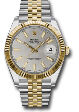 Replica Rolex Steel and Yellow Gold Rolesor Datejust 41 Watch 126333 Fluted Bezel Silver Index Dial Jubilee Bracelet
